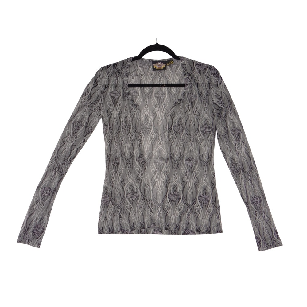 Harley-Davidson Womens Grey Tribal Logo Mesh Sheer Long Sleeve Top Size M 3965